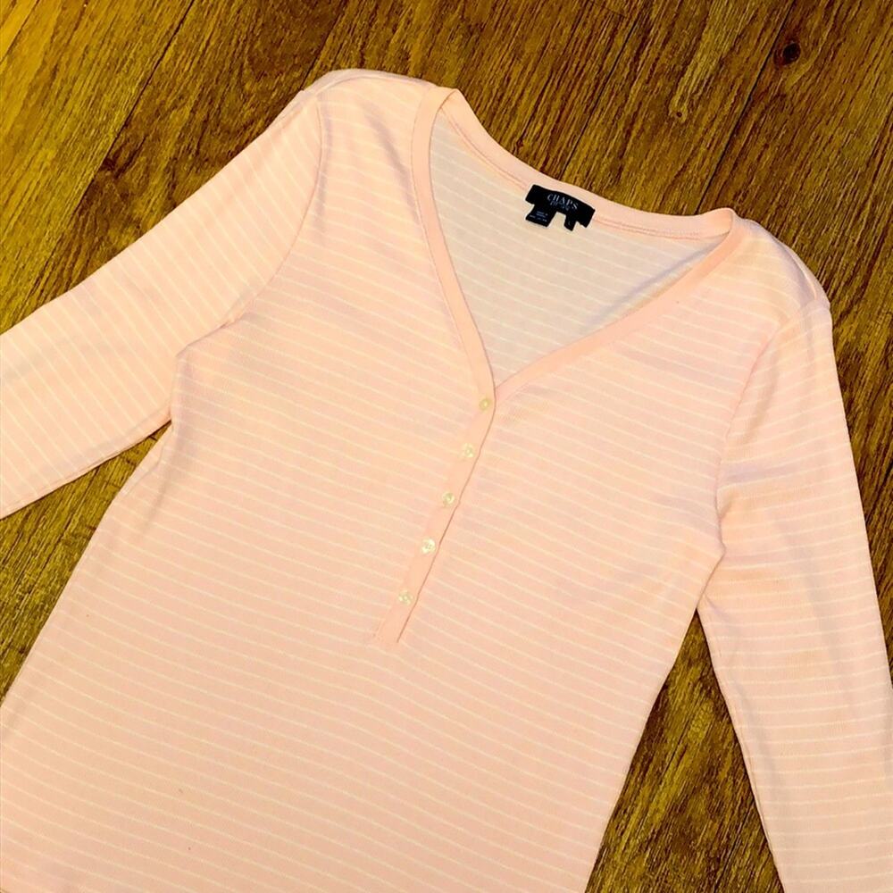 Chaps Light Pink and White Striped Quarter Sleeve Button Front Henley Size Large